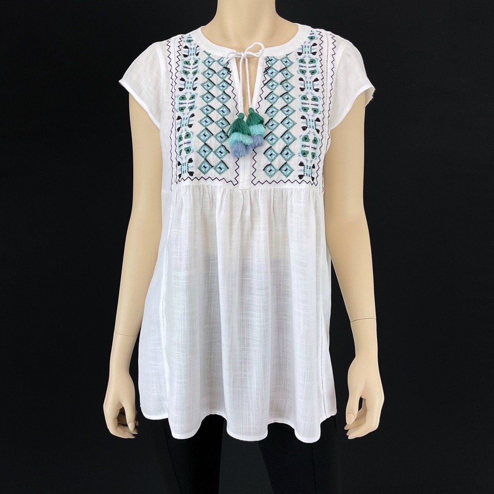 J Jill Top Women XS White Short Sleeve Boho Embroidered Tassels Flowy NWT